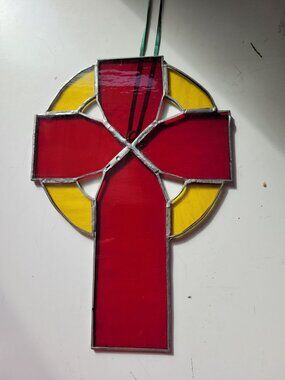 Stained Glass Celtic Cross Sun Catcher Decoration 10" Red & Yellow Handmade Art